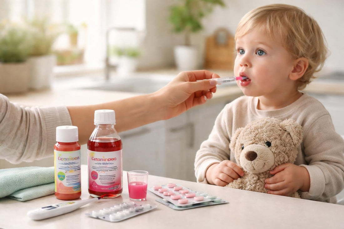 Parent administering toddler acetaminophen with dosing syringe