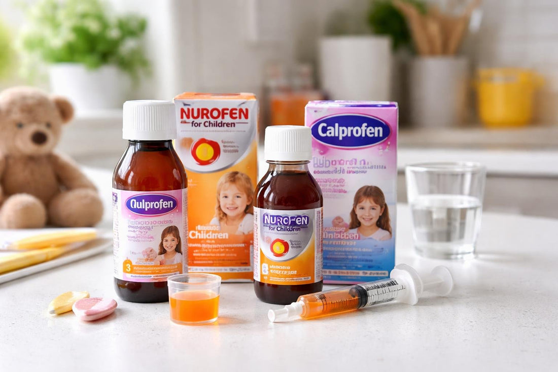Children’s ibuprofen liquid with dosing syringe on table