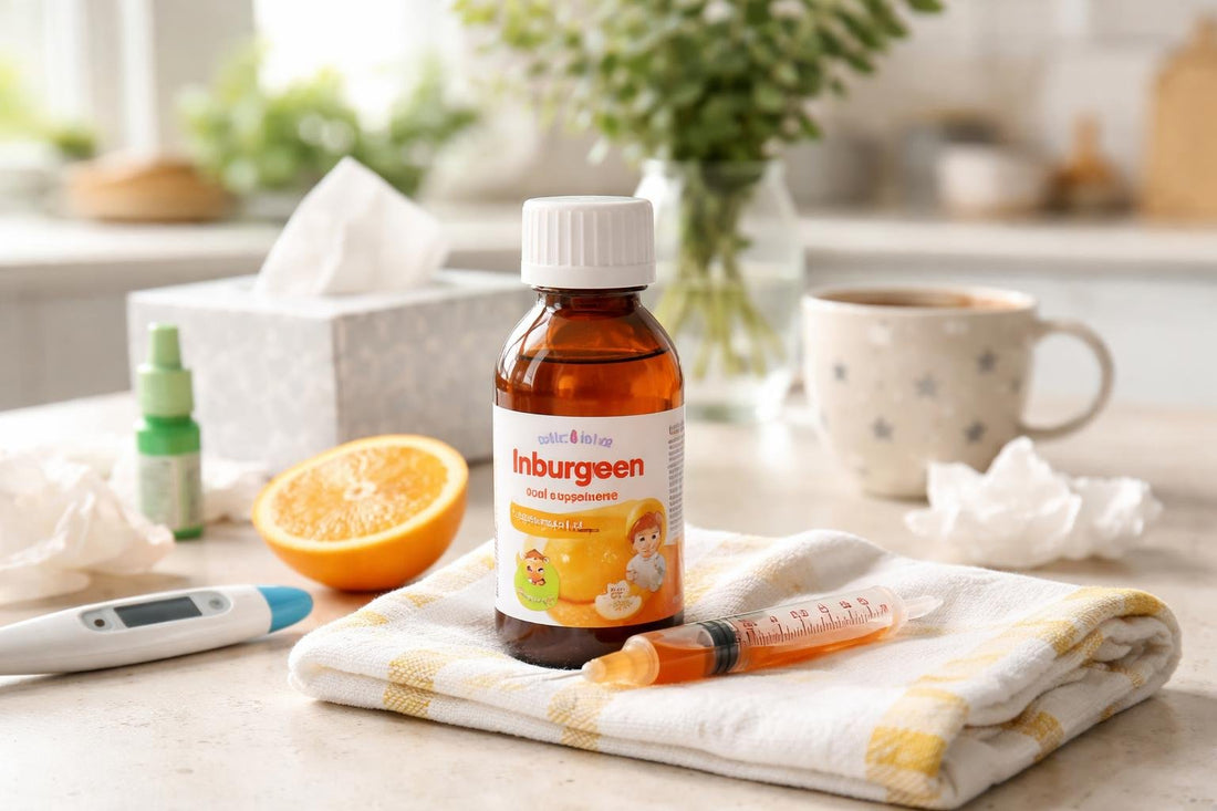 Children’s ibuprofen bottle and syringe for winter fever relief