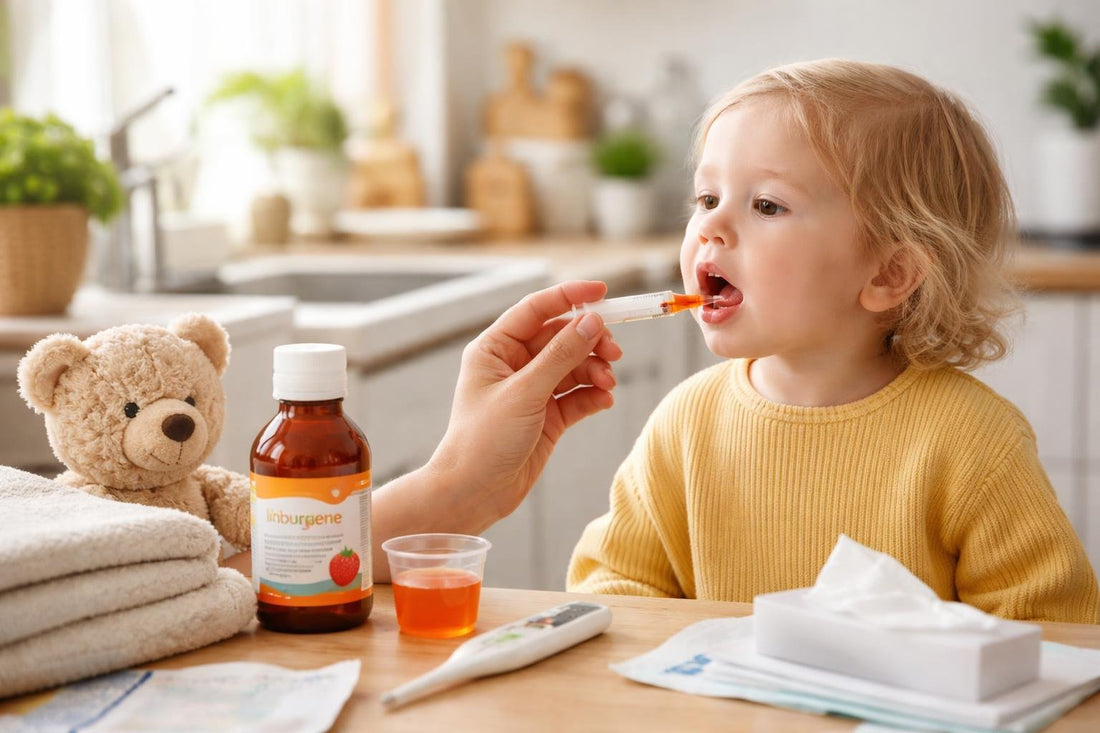 Toddler taking liquid ibuprofen with dosing syringe