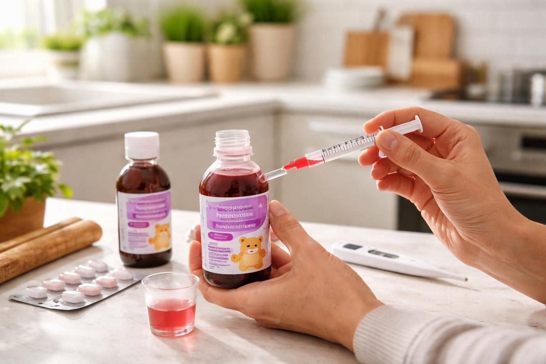 Parent measuring children’s paracetamol dose with oral syringe