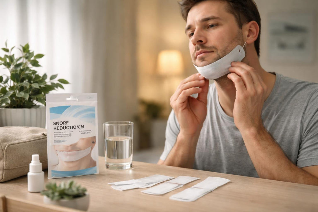 Beginner applying chin strip for quieter snoring support