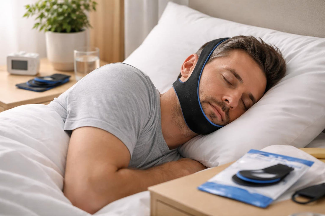 side sleeper wearing snore reduction chin strip