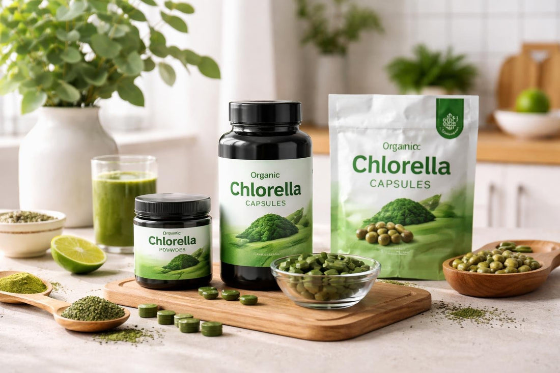 Chlorella products and supplement vs on table