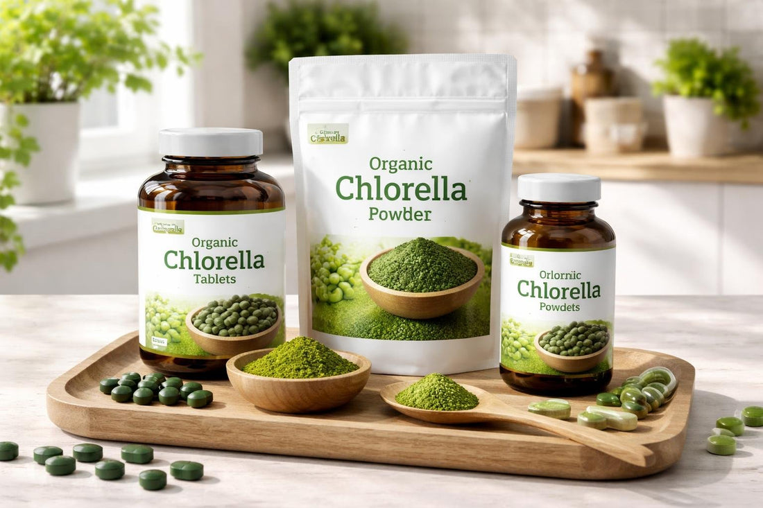 Chlorella supplement tablets and powder