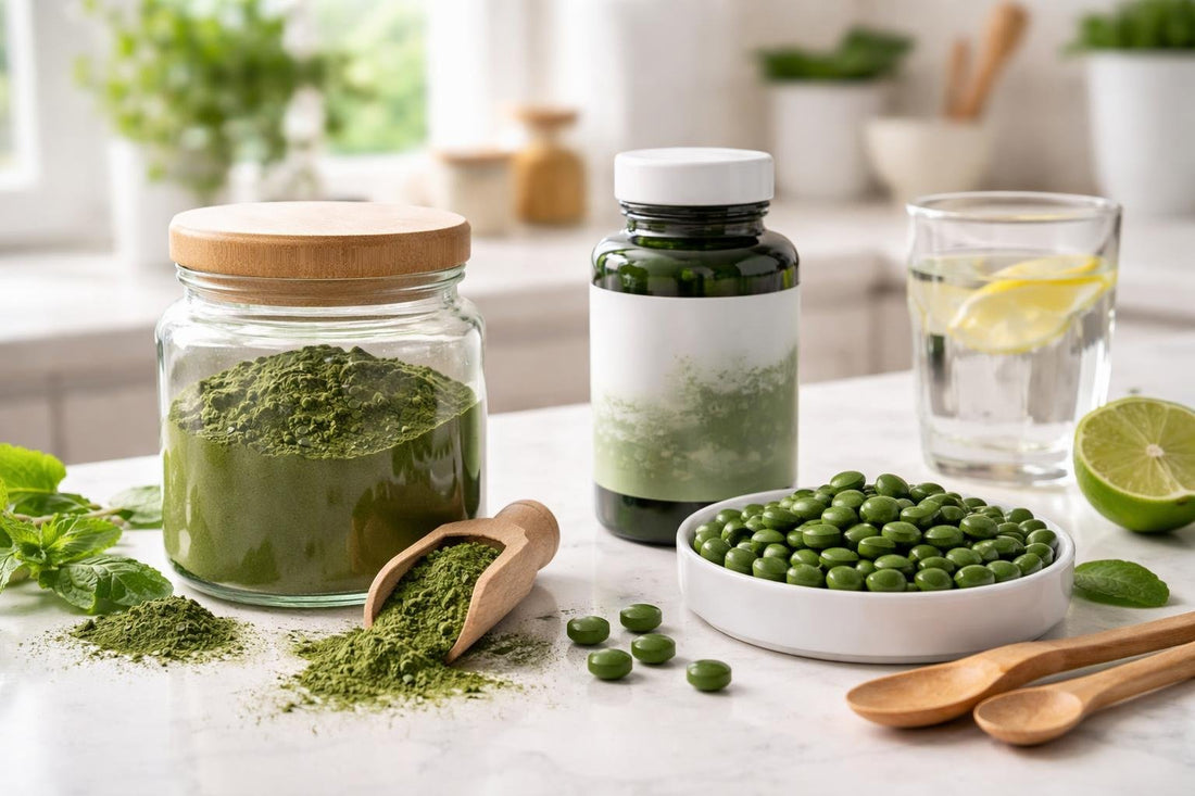 Jar and scoop of chlorella powder with tablets