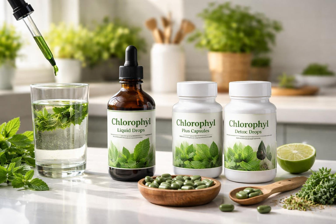 Chlorophyll herbal supplement range with liquid drops and capsules
