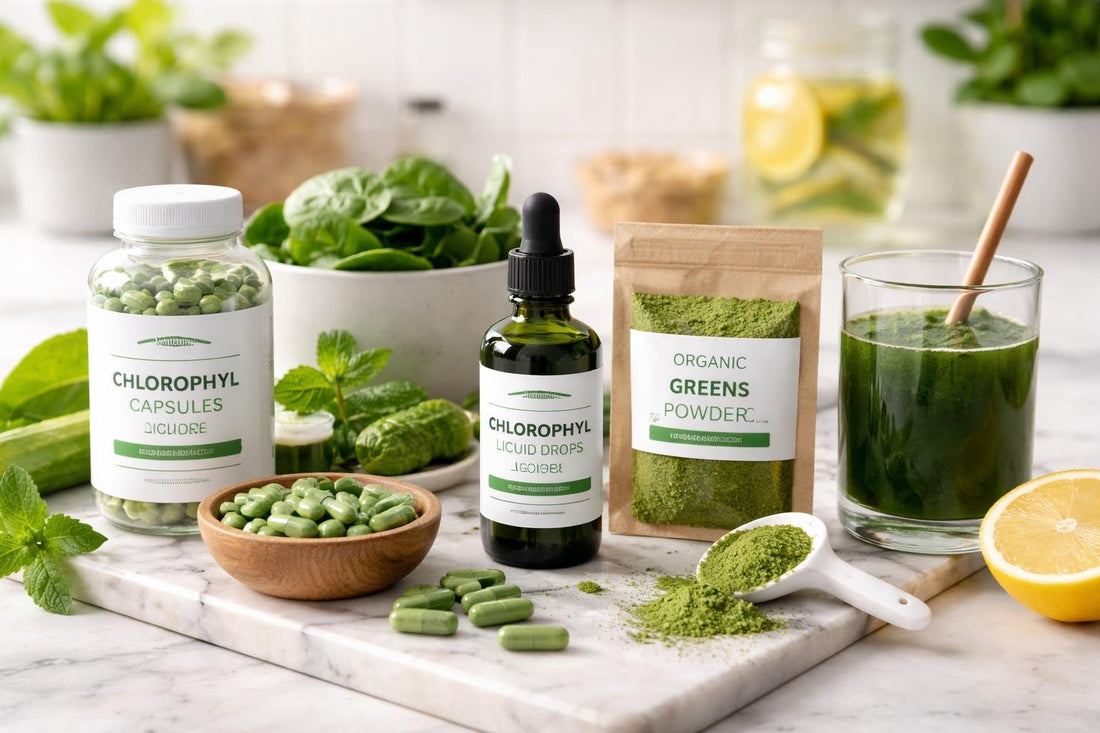 selection of chlorophyll capsules drops and green powder
