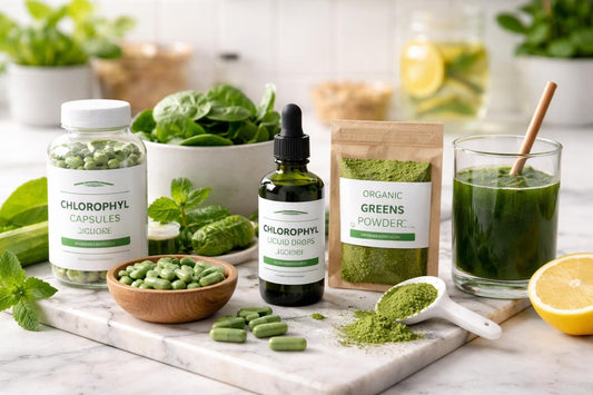 selection of chlorophyll capsules drops and green powder