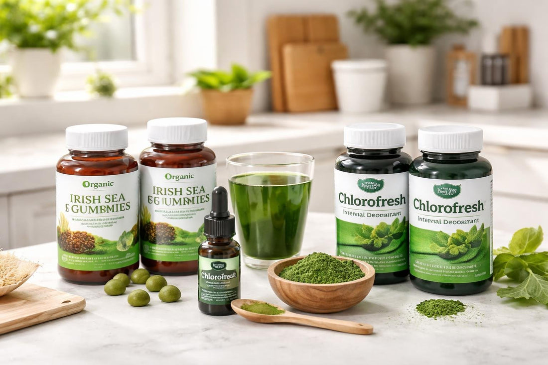 Chlorophyll supplement bottles and green powder