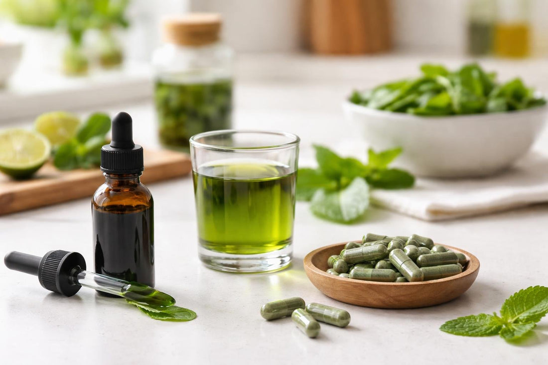 Chlorophyll herbal supplements in liquid and capsule formats