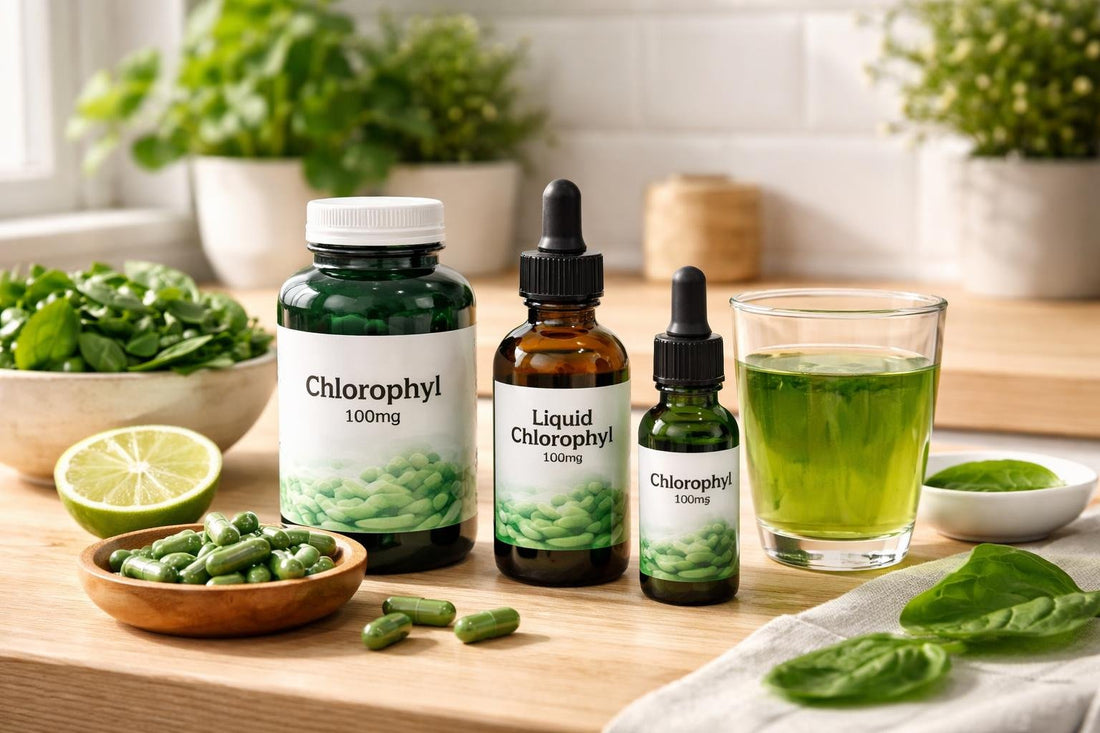 bottles and capsules of chlorophyll supplements on wood