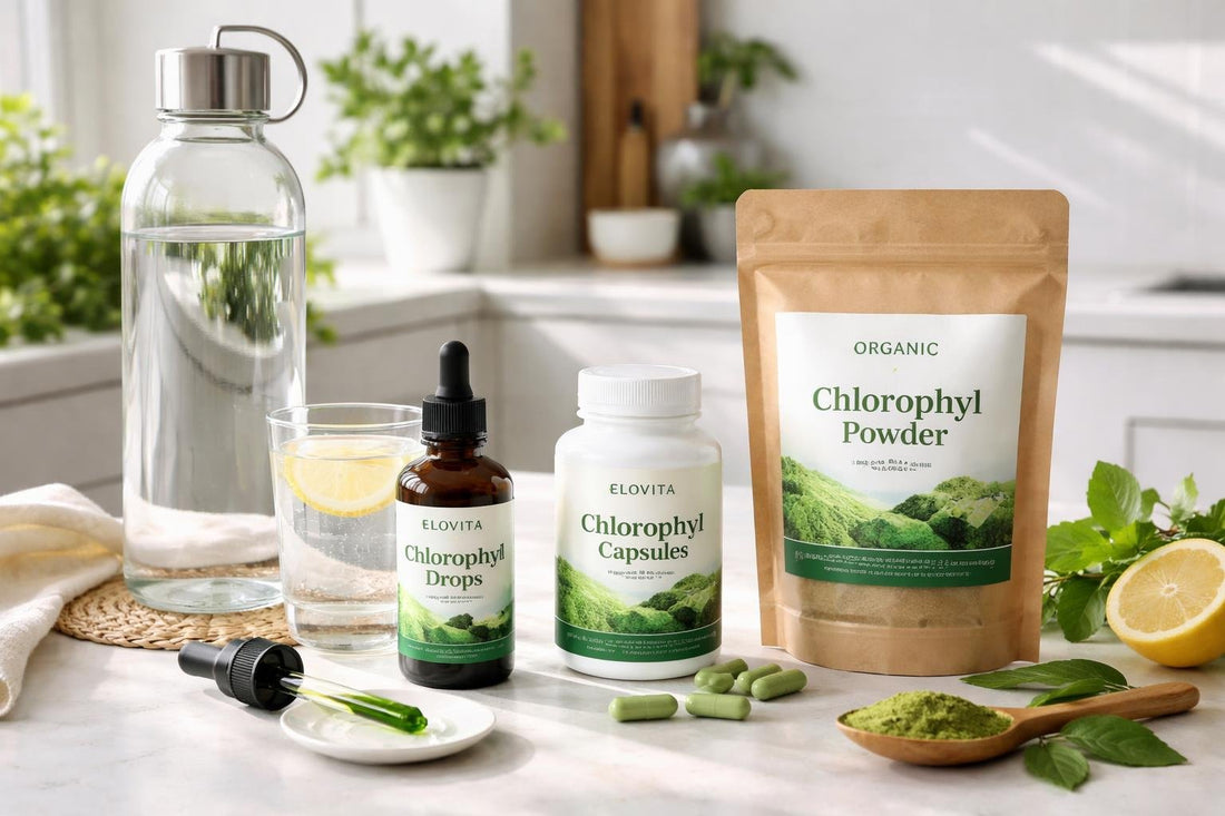 Chlorophyll herbal supplements laid out with water bottle