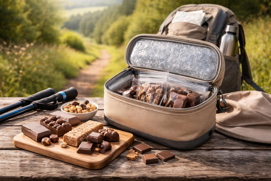 insulated pouch with chocolate carob snacks in countryside
