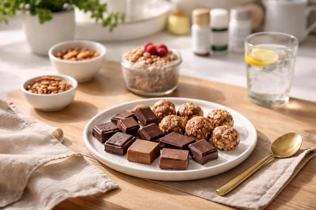 Chocolate and carob nutrition snacks on a small snack plate
