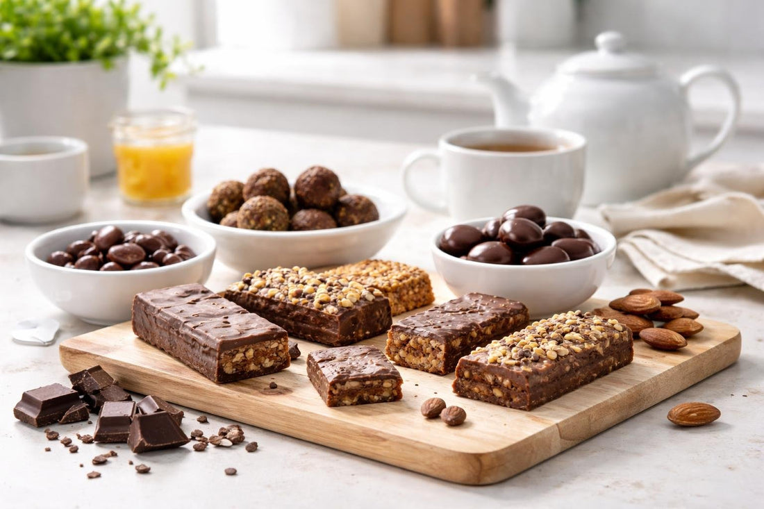Chocolate and carob nutrition snacks laid out for tasting