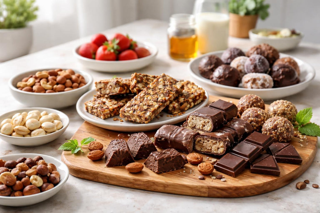assorted chocolate and carob low-sugar snacks on table