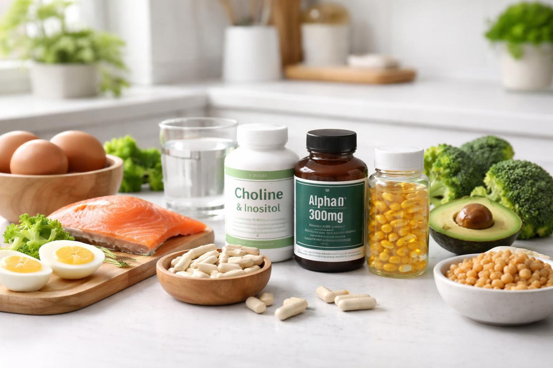 Choline nutrient supplements guide with capsules and food sources