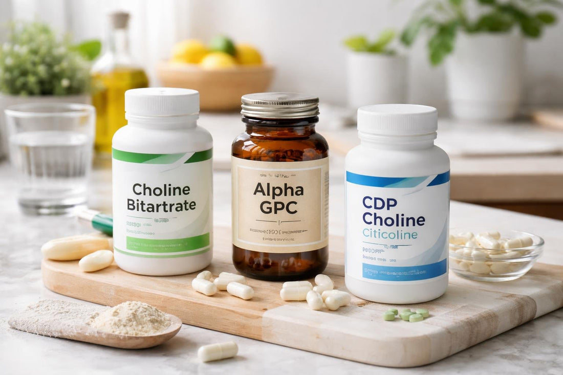 bottles of choline supplements and pills
