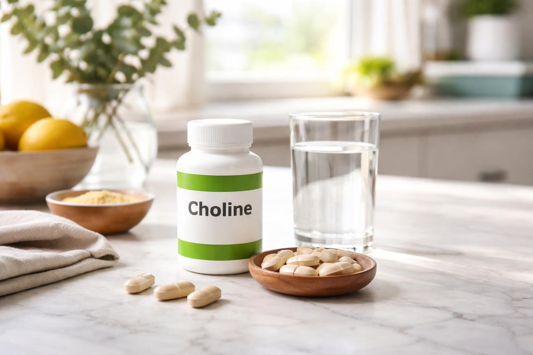 Choline nutrient supplements capsules with water on kitchen counter