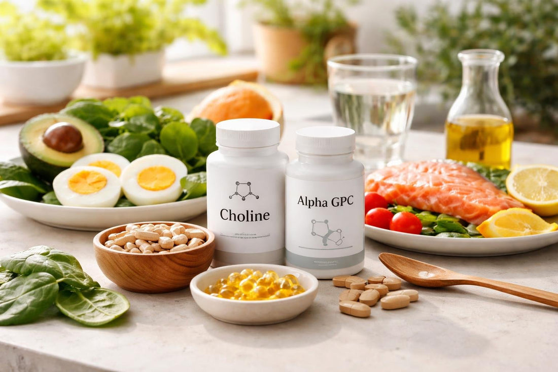 Choline nutrient supplements with capsules and seasonal foods