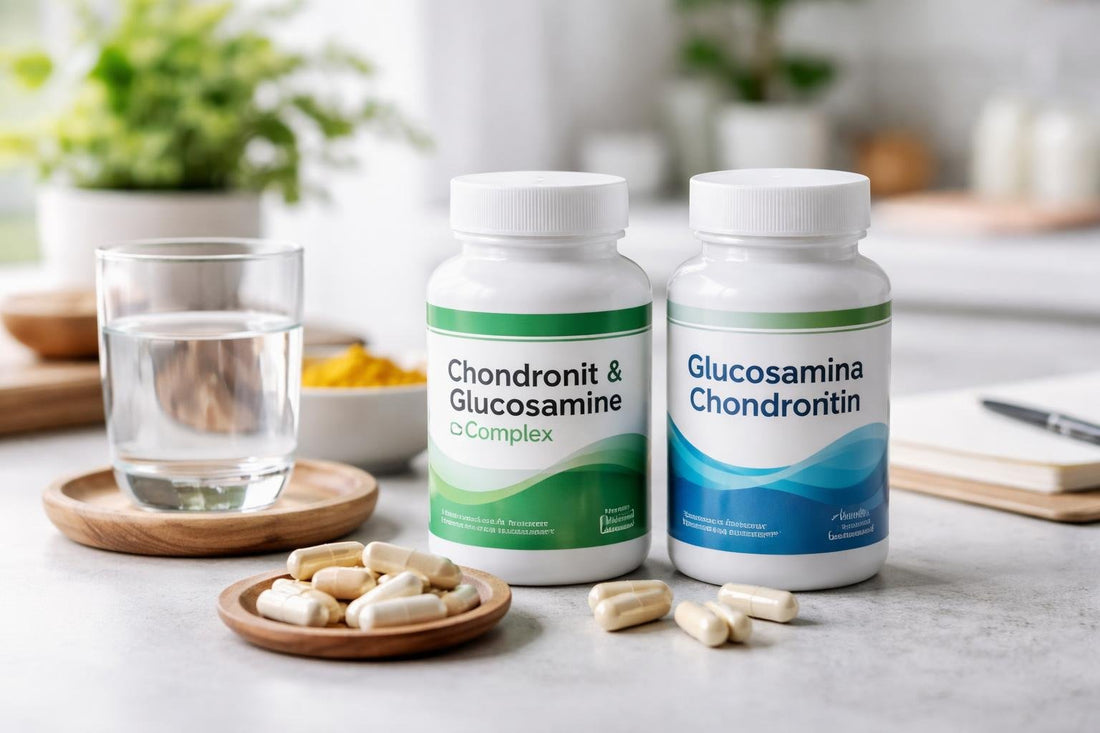 Bottles of chondroitin and glucosamine supplements on table