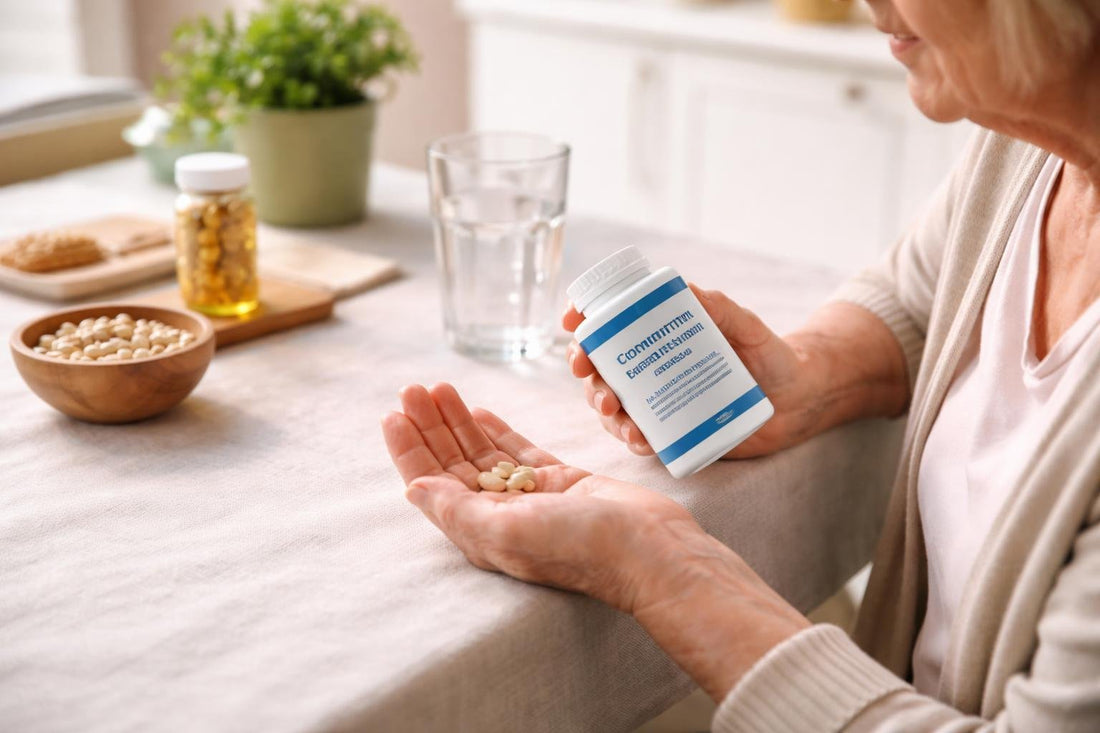 Senior taking joint supplement tablets for mobility