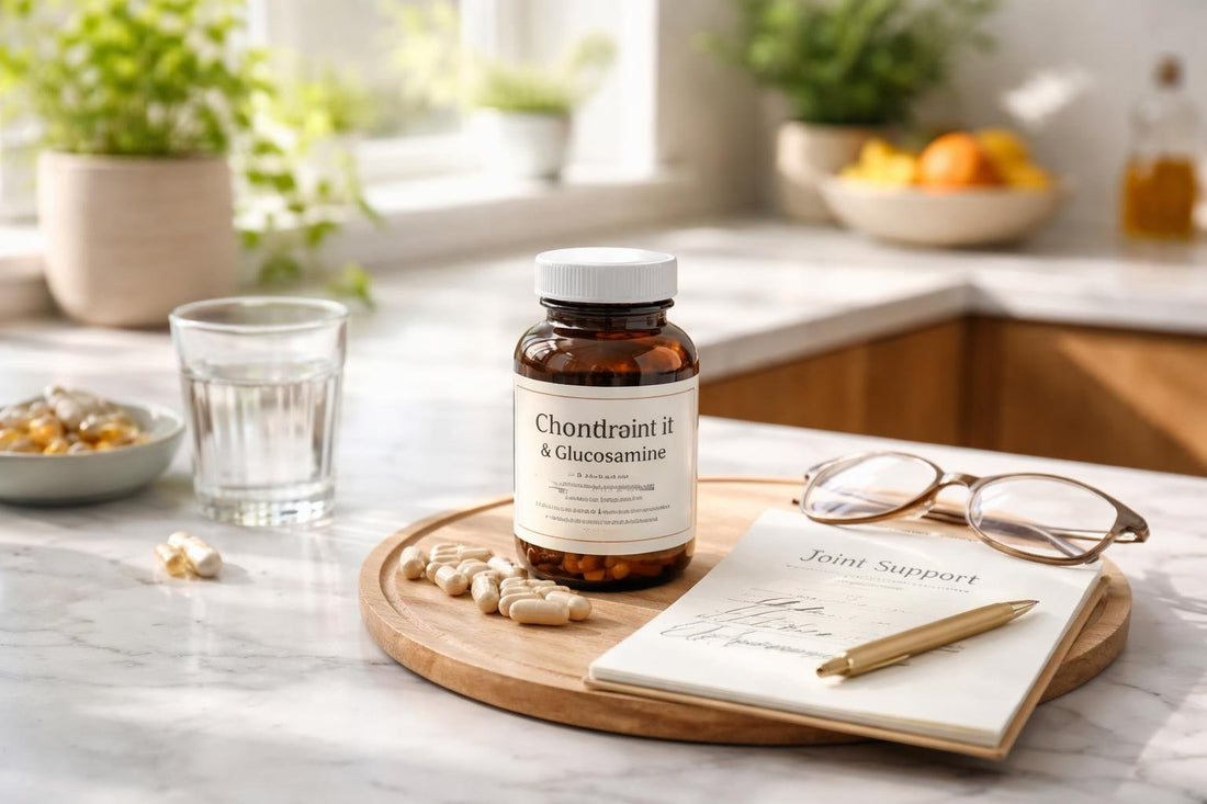 Chondroitin and glucosamine capsules beside joint support notes