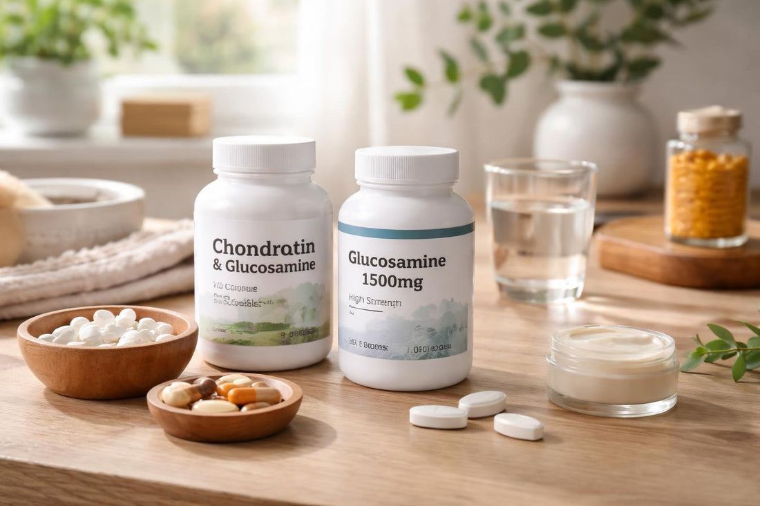 Bottles of chondroitin and glucosamine supplements on wooden table