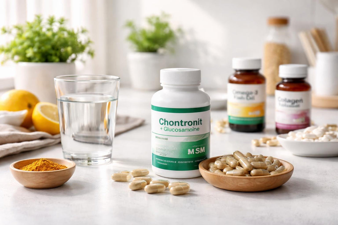 Chondroitin supplement capsules beside a glass of water