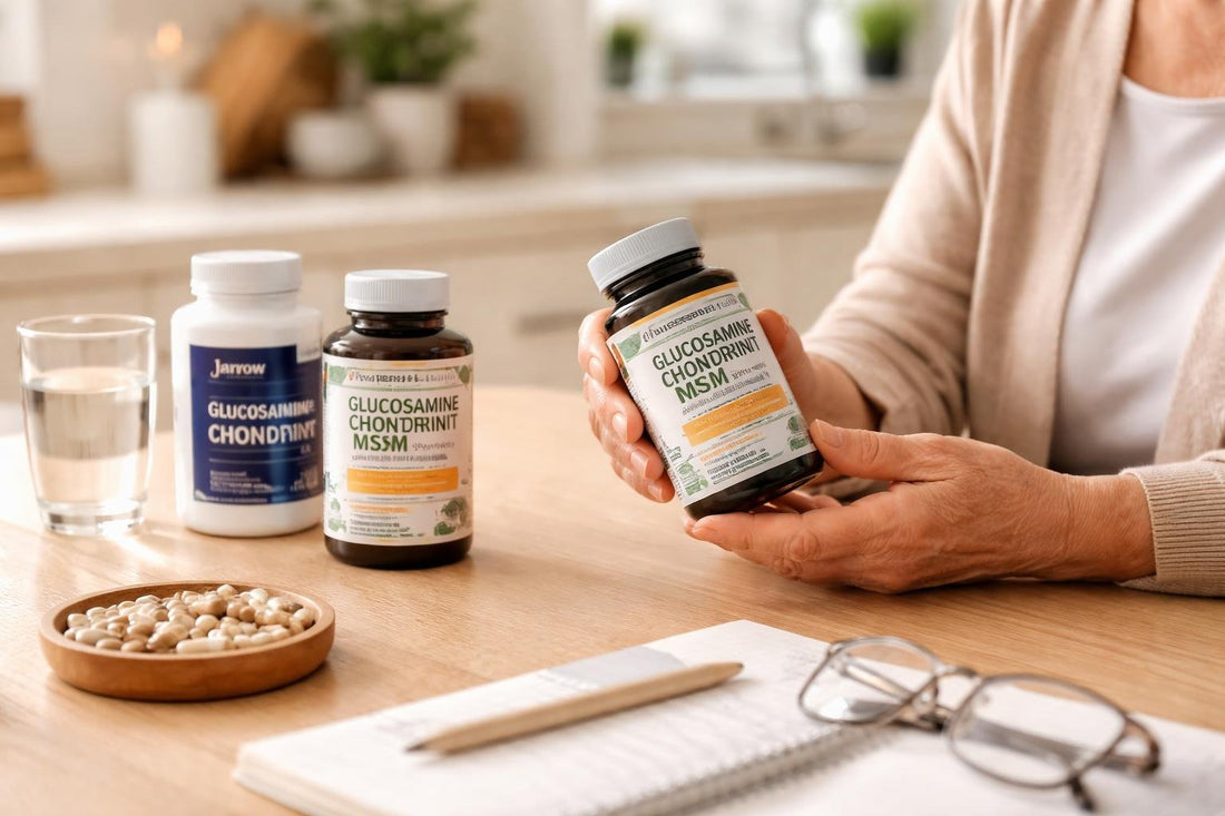 Senior holding chondroitin supplement bottle for joint support