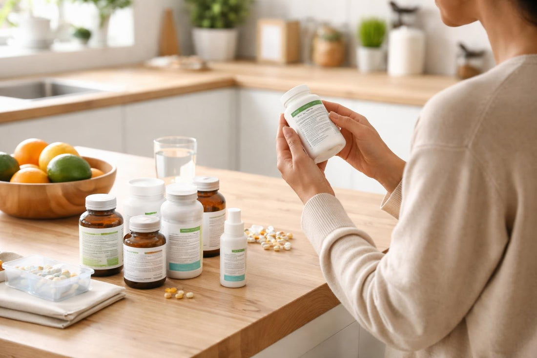 Person choosing vitamins by reading supplement label carefully