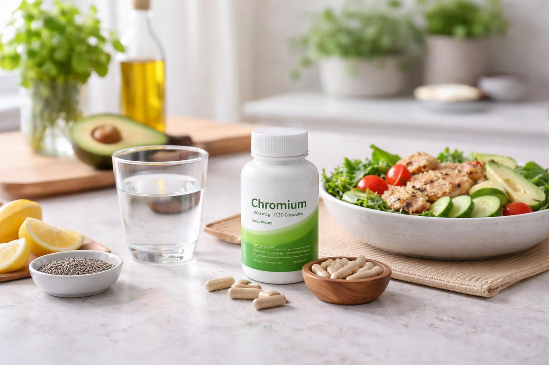 Chromium mineral supplement capsules beside healthy balanced meal