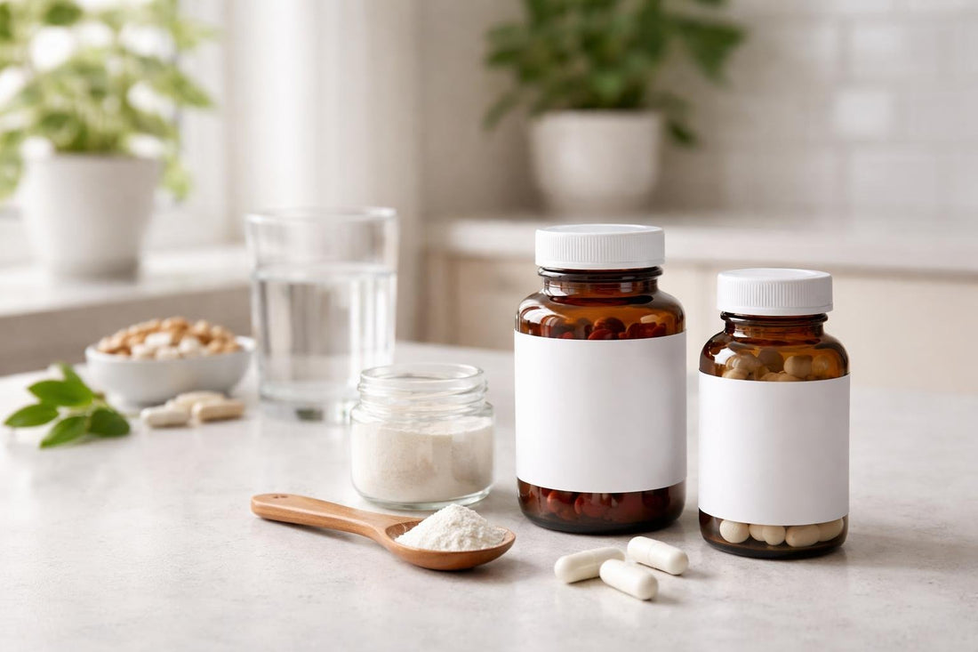 bottles and powder of chromium mineral supplements on table