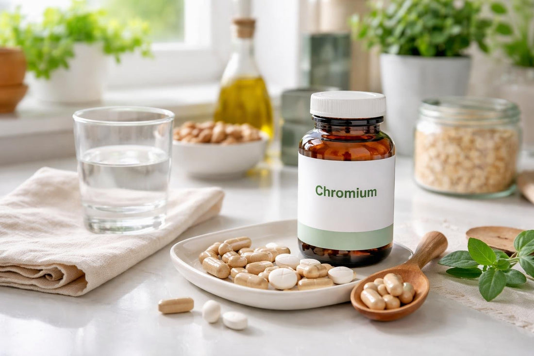 Chromium mineral supplement capsules and tablets on a kitchen counter