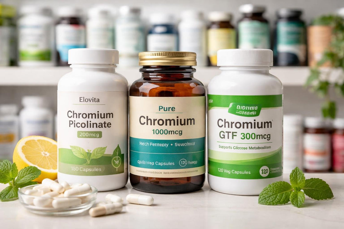 Chromium supplement bottles on a UK pharmacy shelf