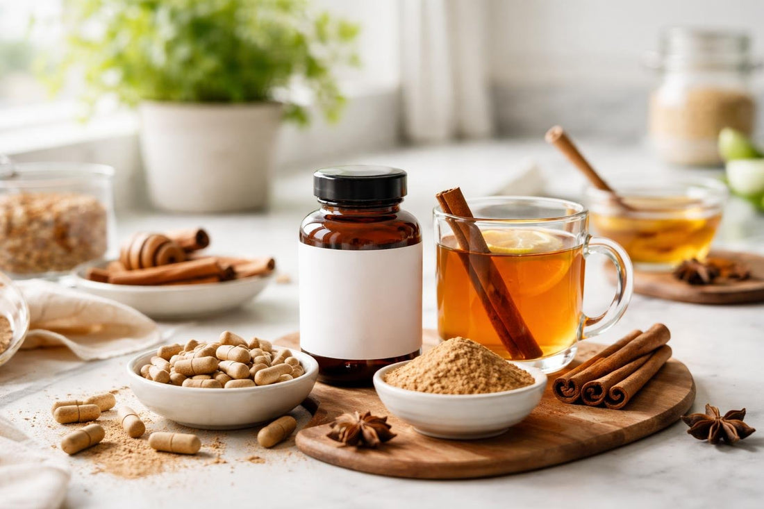 Cinnamon herbal supplements arranged as capsules, powder and tea