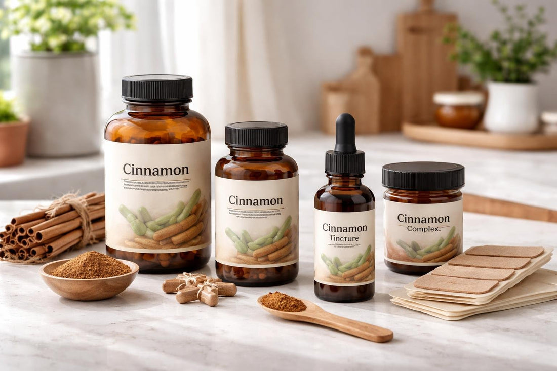 Cinnamon supplement collection bottles, capsules and tincture