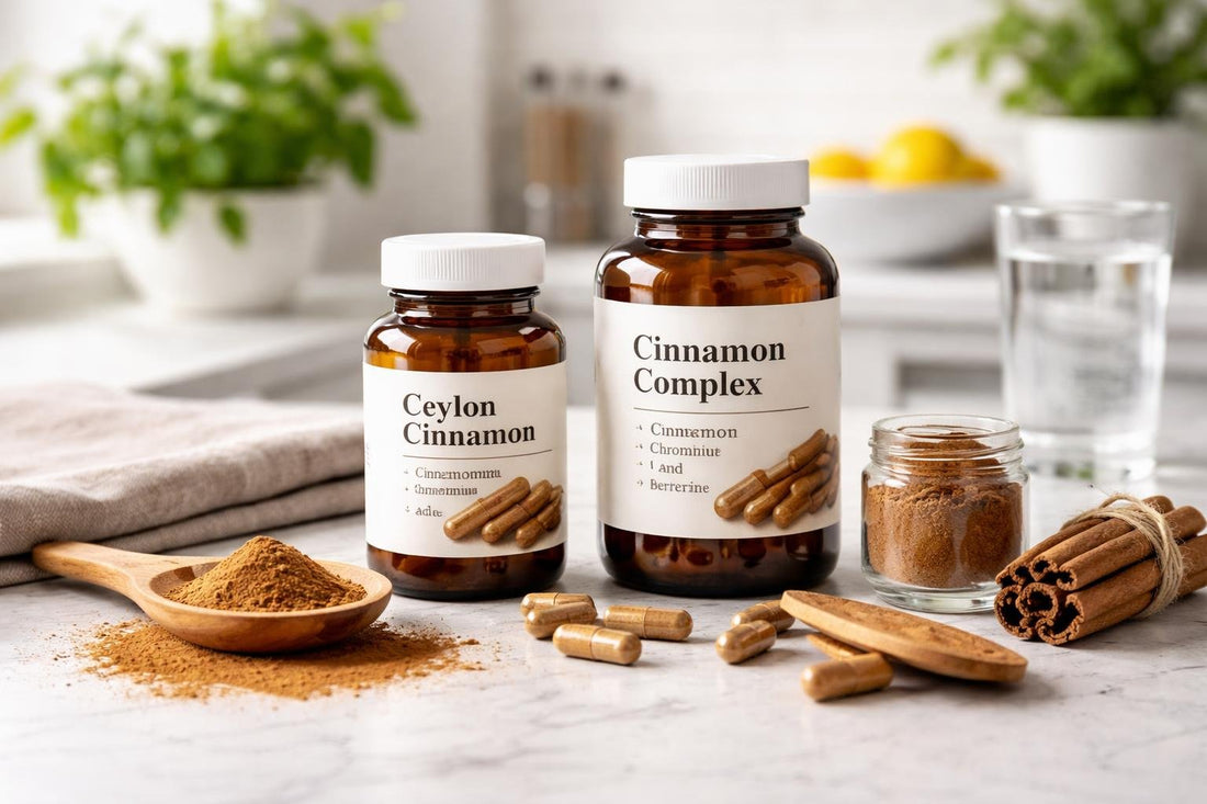 Bottles of cinnamon supplements and Ceylon cinnamon powder