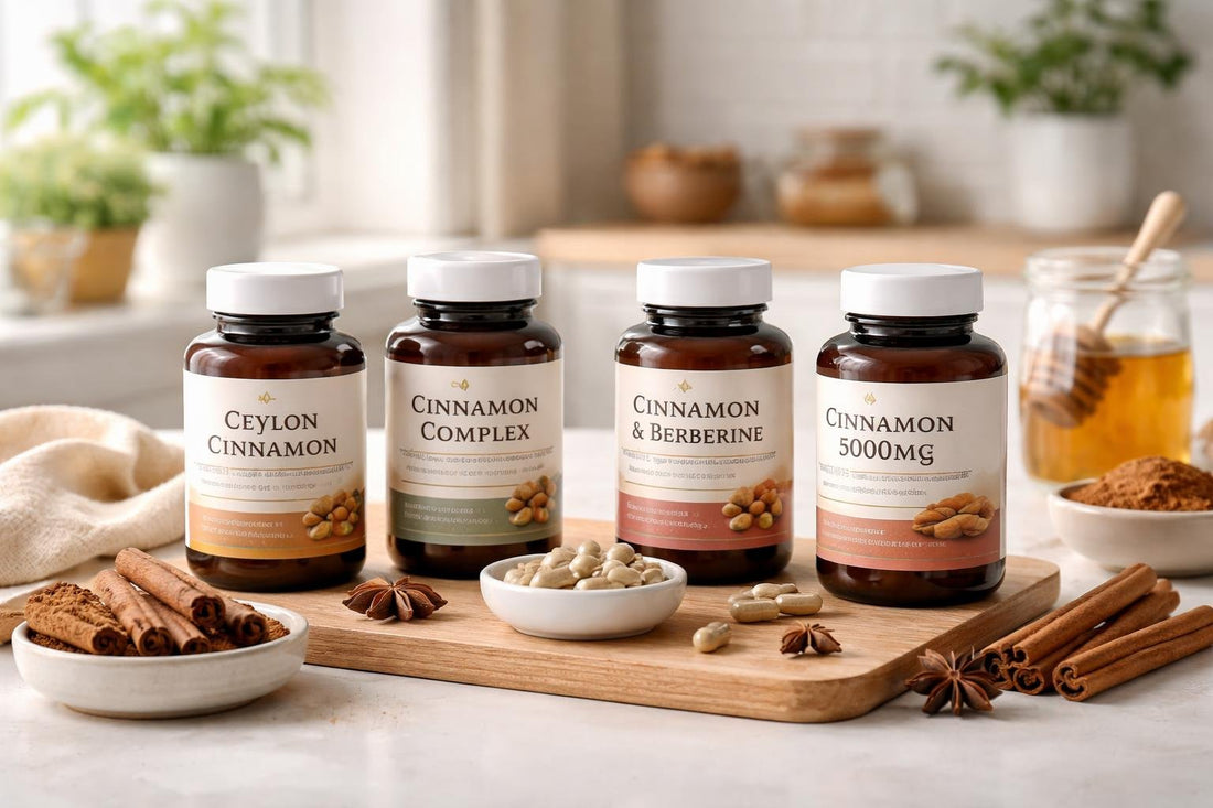Assorted cinnamon herbal supplement bottles and capsules