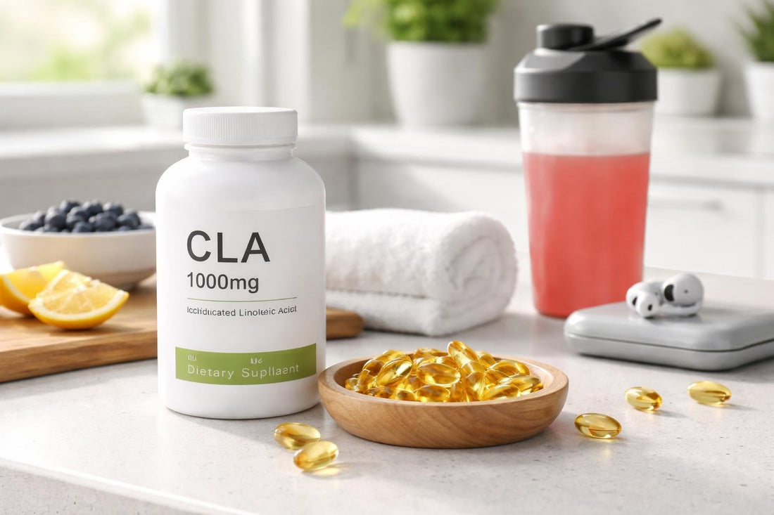 CLA supplement softgels and pre-workout on table