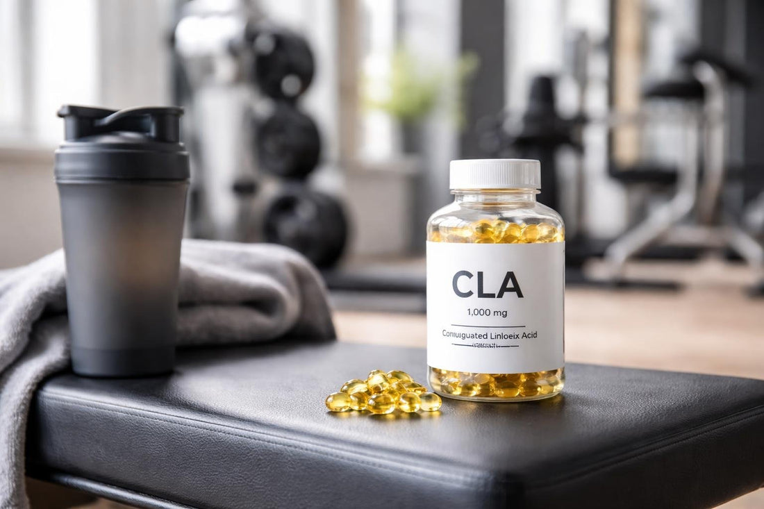 Bottle of CLA supplements on gym bench