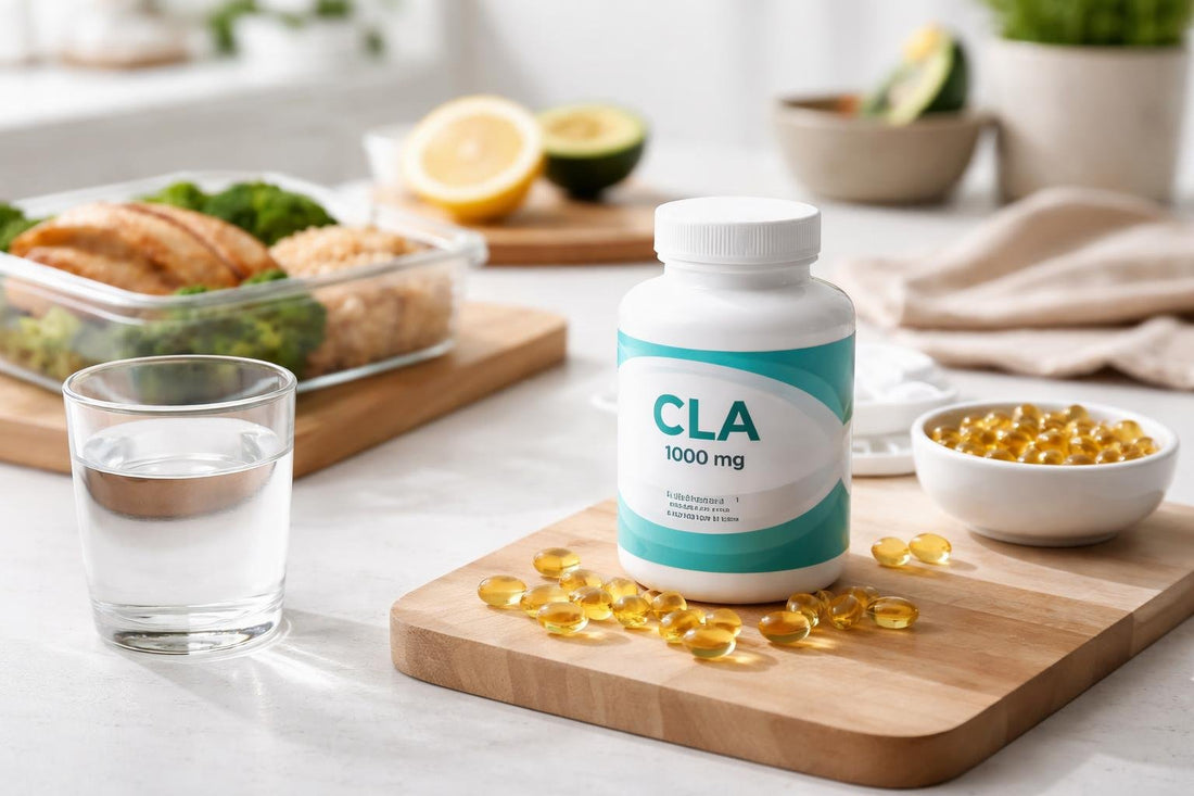 CLA softgel capsules with meal prep for body composition