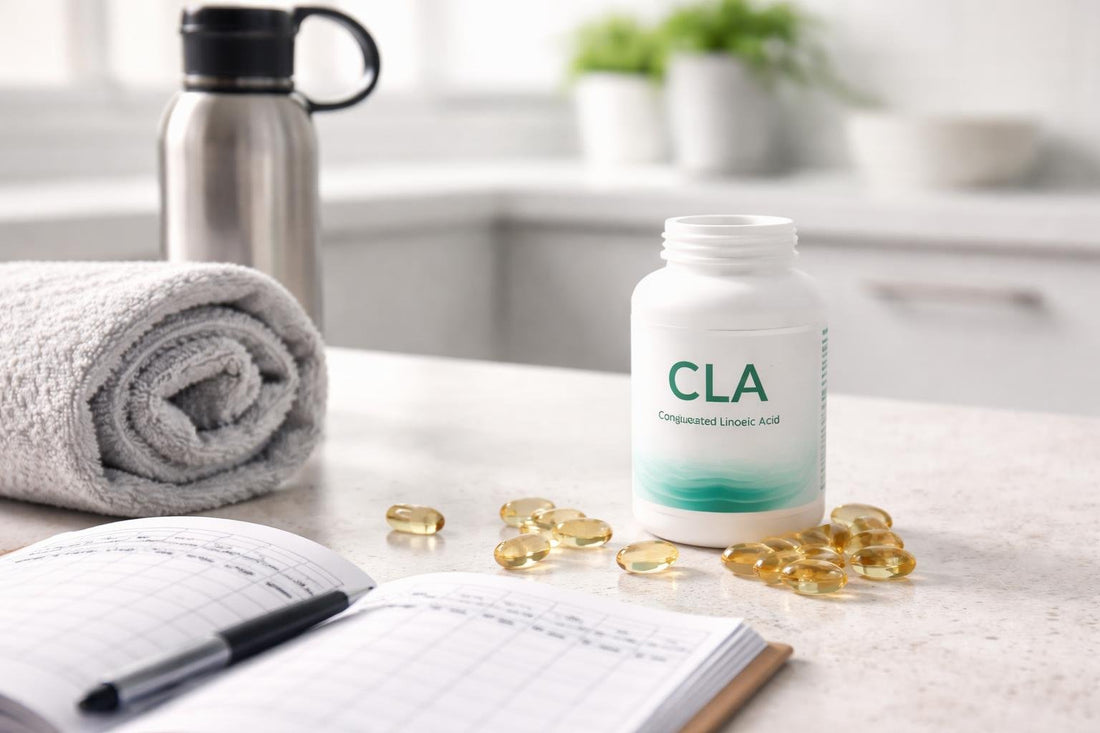 CLA capsules beside gym towel and training logbook