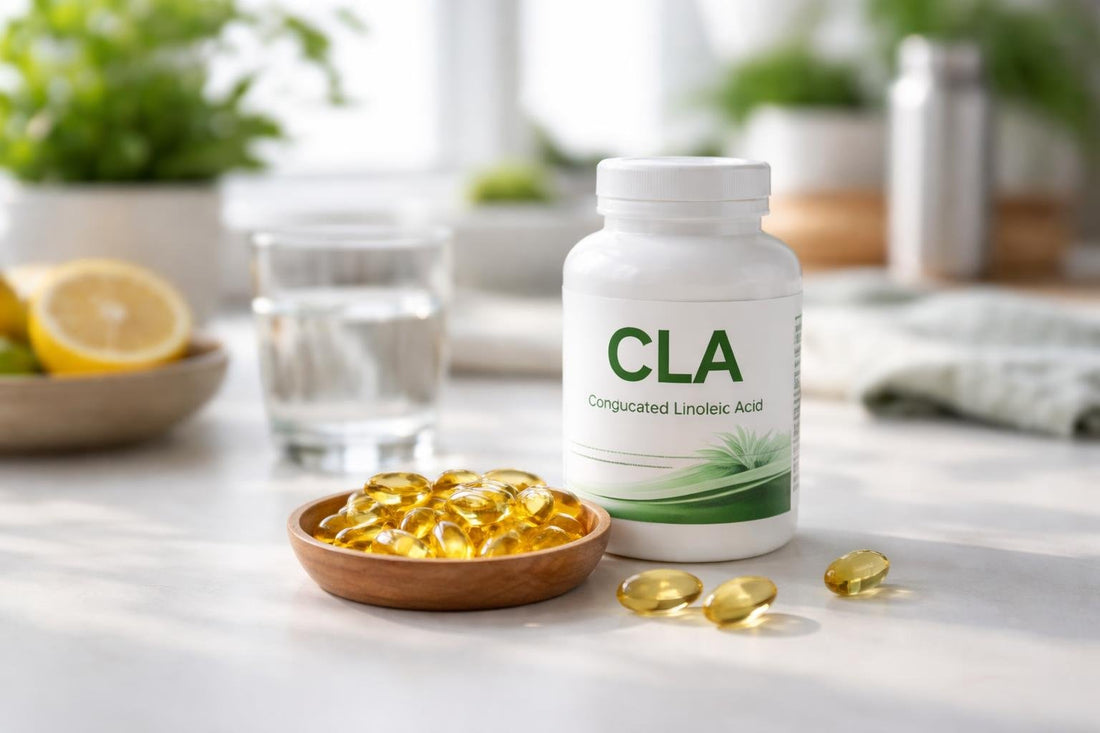 CLA softgels bottle and capsules on table