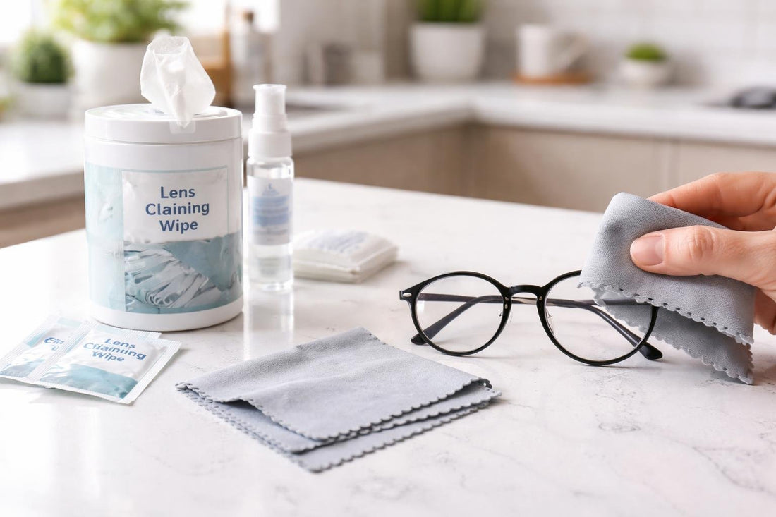 Cleaning eyeglasses with tissue and microfibre cloth