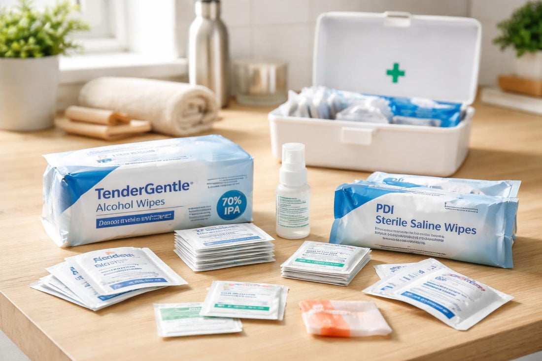 assorted first aid cleansing wipes and travel packs