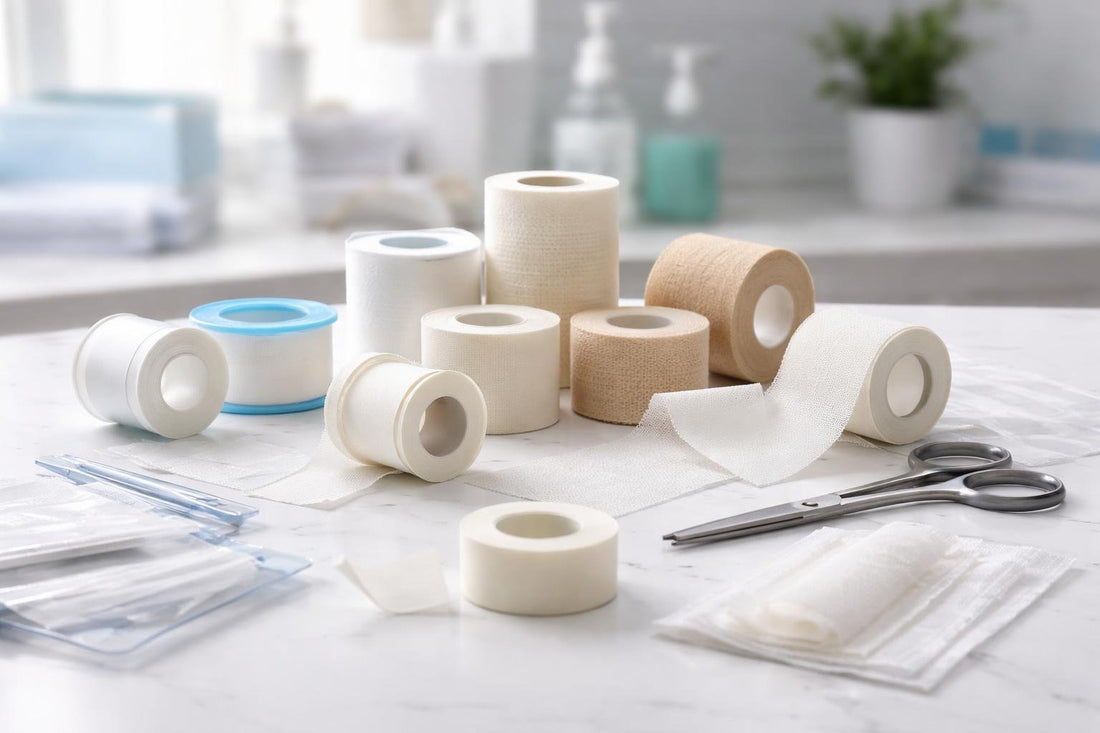 clinical first aid tapes and dressings on table