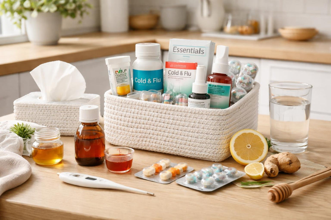 Organised cold and flu medicine essentials kit at home