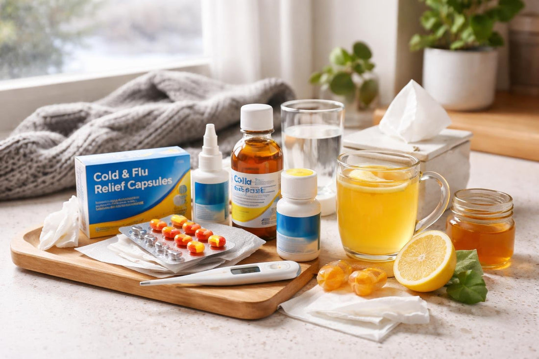 Cold and flu medicine essentials laid out for winter